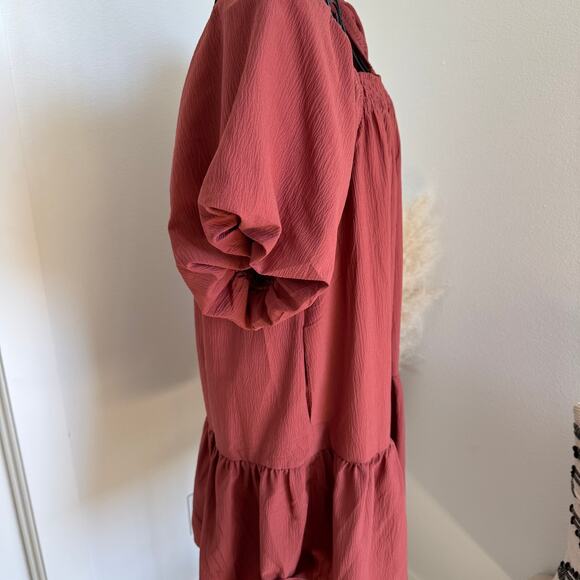 Entro Women’s Puff Sleeve Tiered Mini Dress Small Red Boho Casual Square Neck - Picture 2 of 11